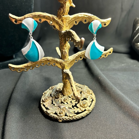 Vintage 80s white  and Turquoise metal pierced post dangle Earrings. - Picture 2 of 5